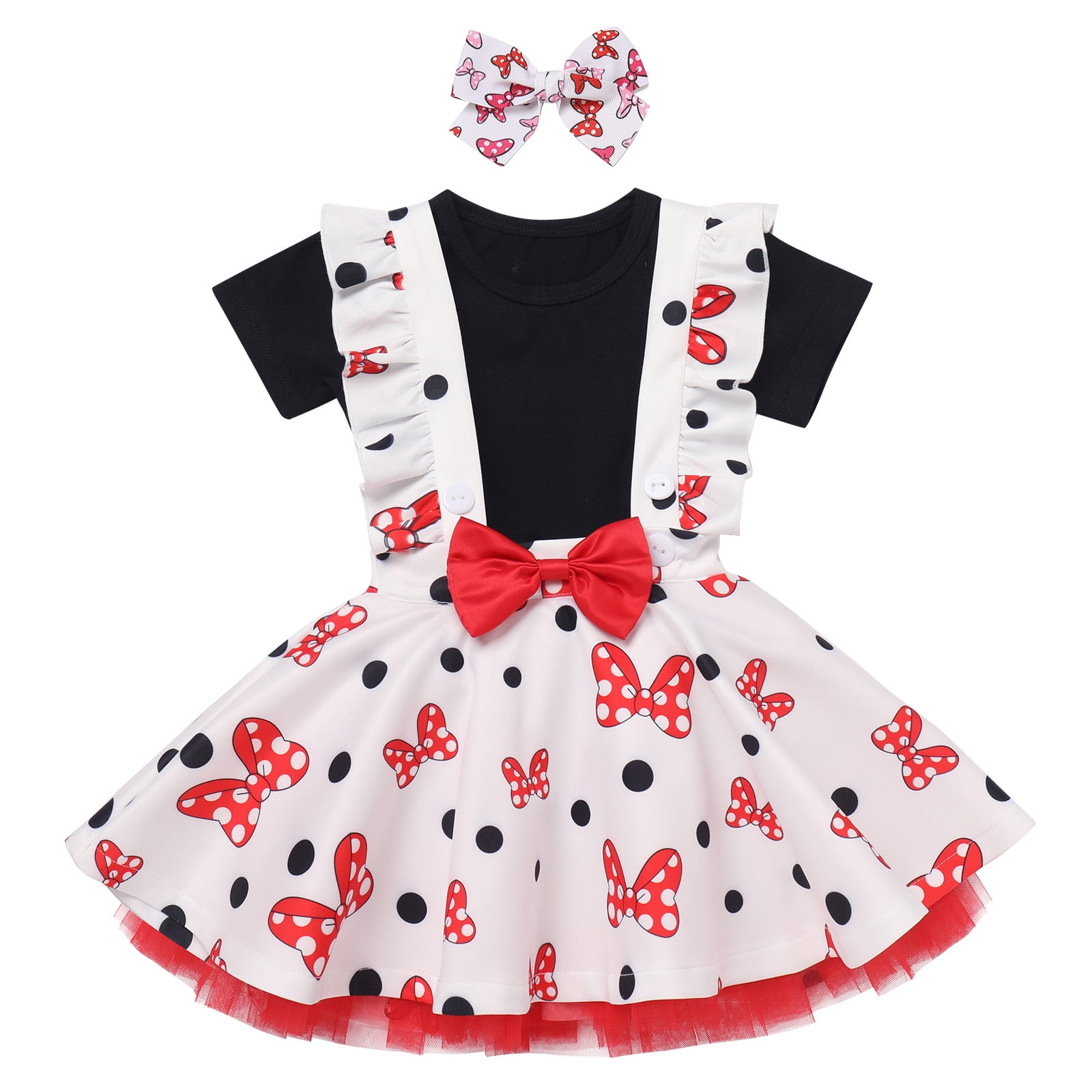 IBTOM CASTLE Toddler Baby Girls Mouse Birthday Outfit Short Sleeve Pullover T-shirt Suspender Skirt with Headband Cake Smash Casual Outfits 3-4 Years Black + Red