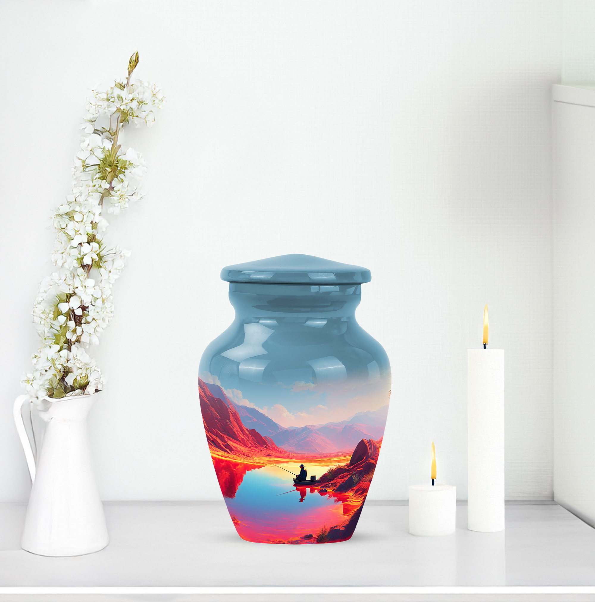 Fishing Man Small Urns For Human Ashes Adult Female And Male 3 Inch - Blue Keepsake Urns For Father And Mother Remains - Orange Memorial Urn For Human Ashes Adult Men