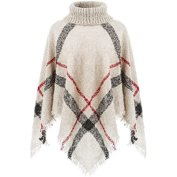 Women's Knit Plaid Warm Winter Poncho Sweater