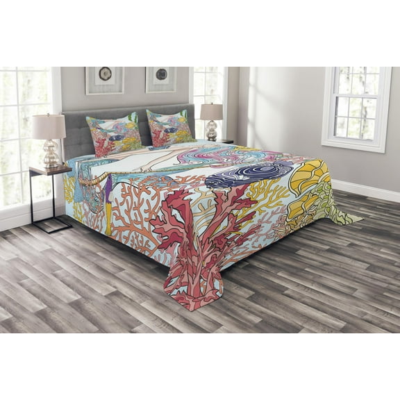 Ambesonne Mermaid Quilted Bedspread Set 3 Pcs, Sketchy Sea Coral Reefs, King Size, Multicolor