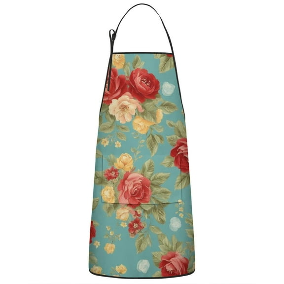 Pioneer Flower Floral Print Pattern Apron-Garden Aprons for Women with Pockets-Cotton Linen Waterproof Kitchen Cooking Gardening Aprons Adjustable for Kitchen,Cooking,BBQ and Salon 33x27 Inch