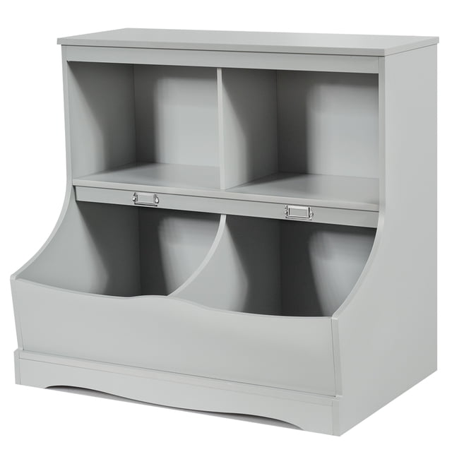 Costway Organizador juguetes con 2 compartimientos abiertos y 2 cajas, librería multiuso con estribo, para habitación de niños y niñas, blanco y gris