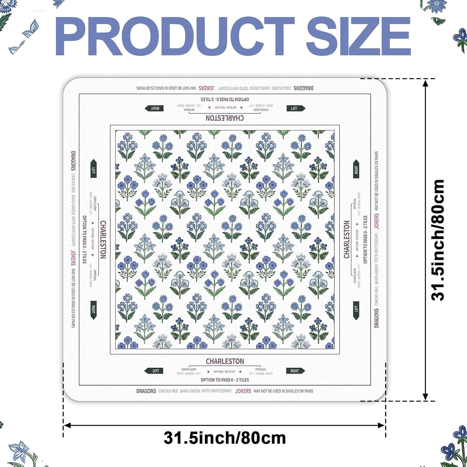Tegeme Chinoiserie Mahjong Mat 31.5" x 31.5" Purple Green Floral Mat Anti Slip and Noise Reduction Multi Purpose Game Table Cover Non-Slip Noise Reduction Gaming Rug for Mahjong Card Board Tile Games