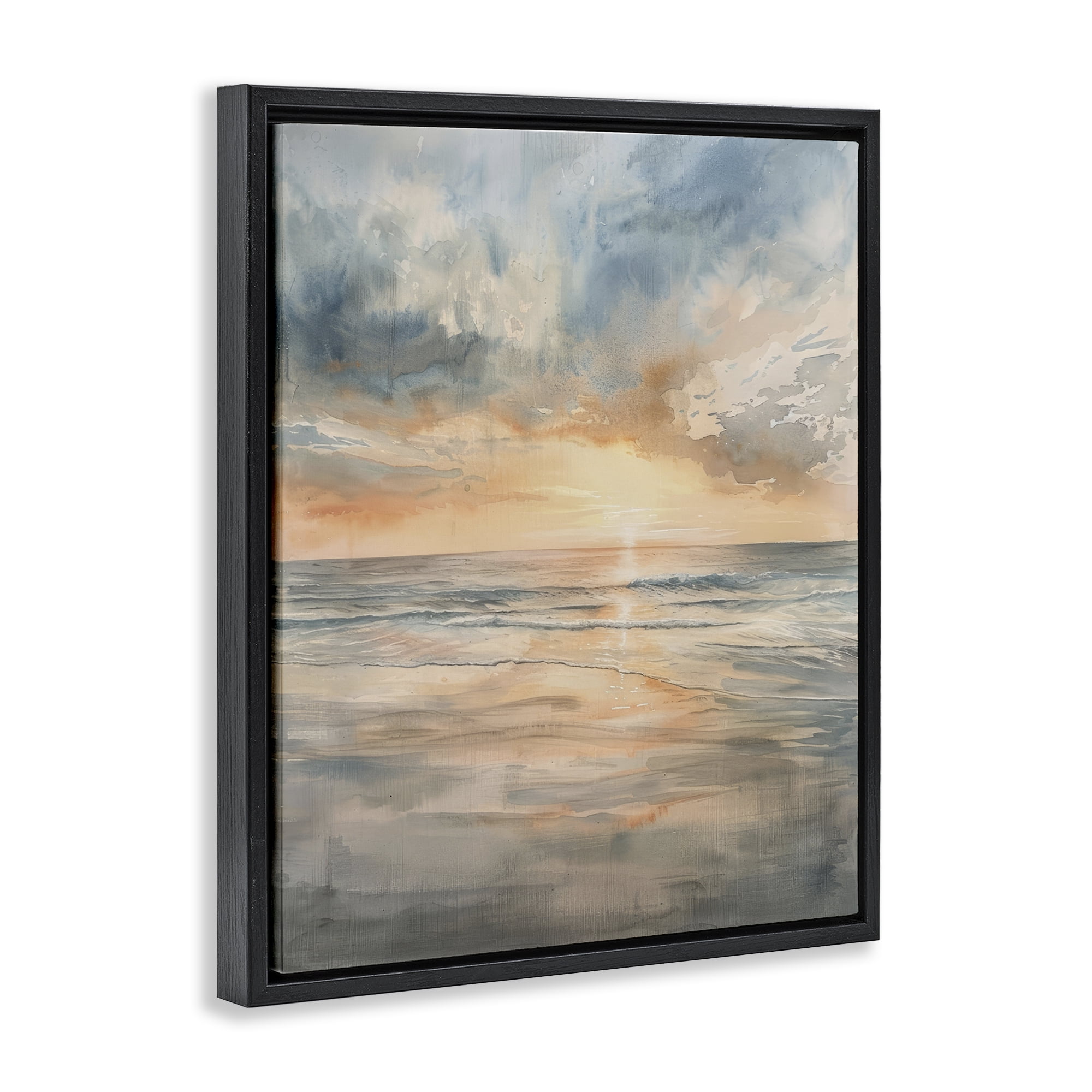 Stupell Industries Coastal Sunset over Gentle Waves Black Framed Floater Canvas Wall Art, design by Petal Prints Design