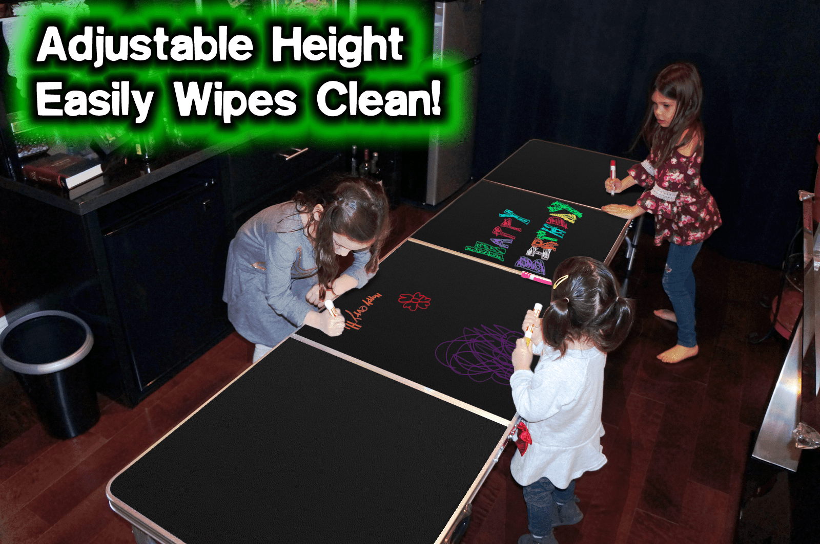 Portable Folding Table with Dry Erase Surface, LED Lights and Markers - Adjustable 8 ft or 4 ft Kids and Adult Party Table