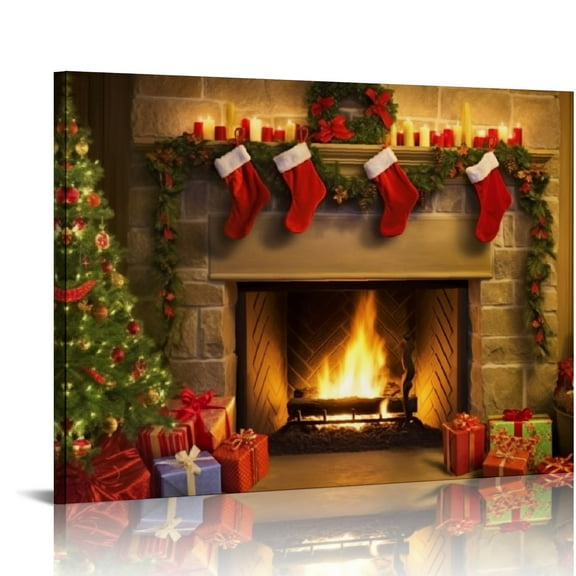 Pratyus Christmas Tree Fireplace Presents Canvas Prints Wall Art Decor Home Office Gift 16x12in