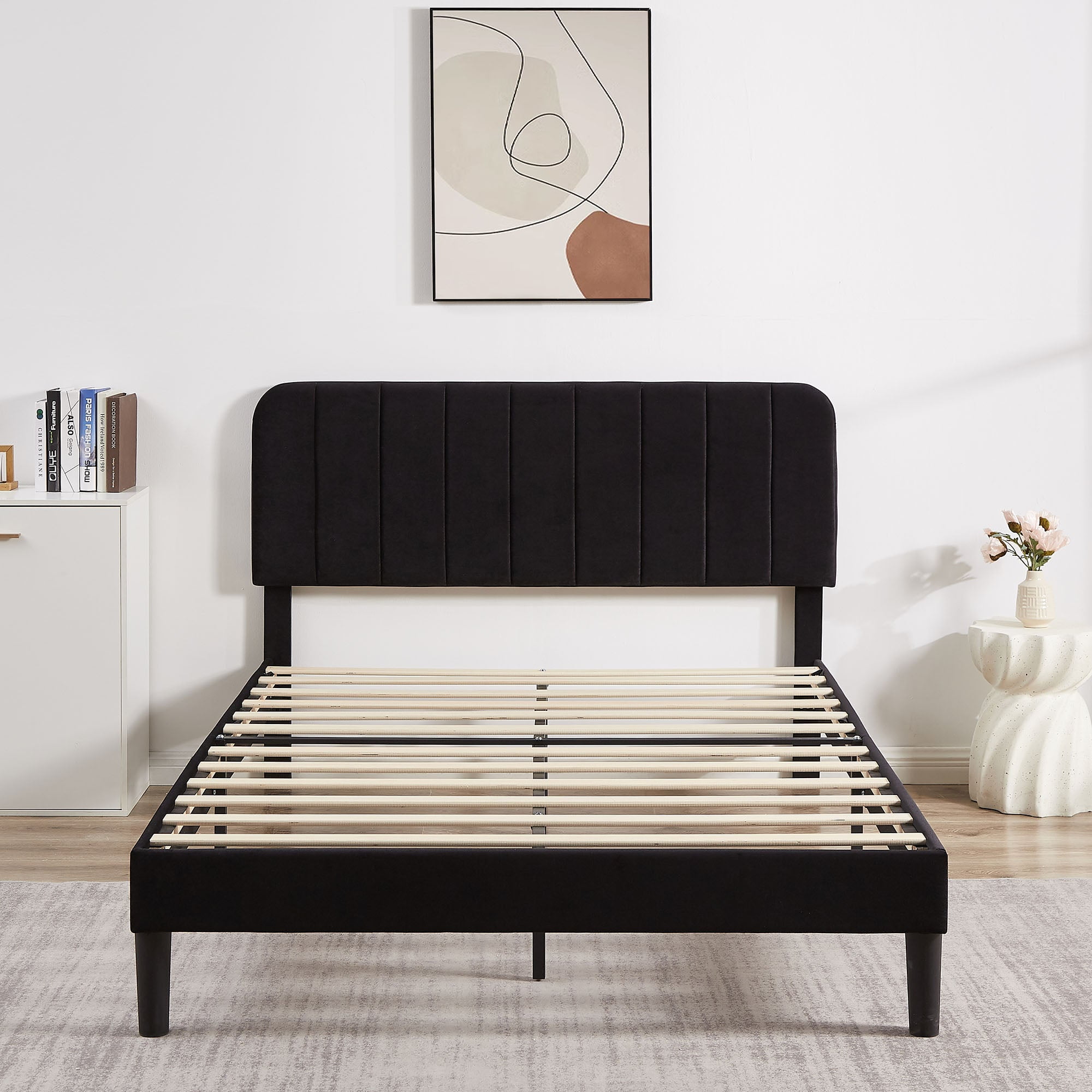 VECELO Queen Size Bed Frame, Modern Upholstered Platform Bed Frame with Adjustable Headboard, Wooden Slats Support/No Box Spring Needed, Black