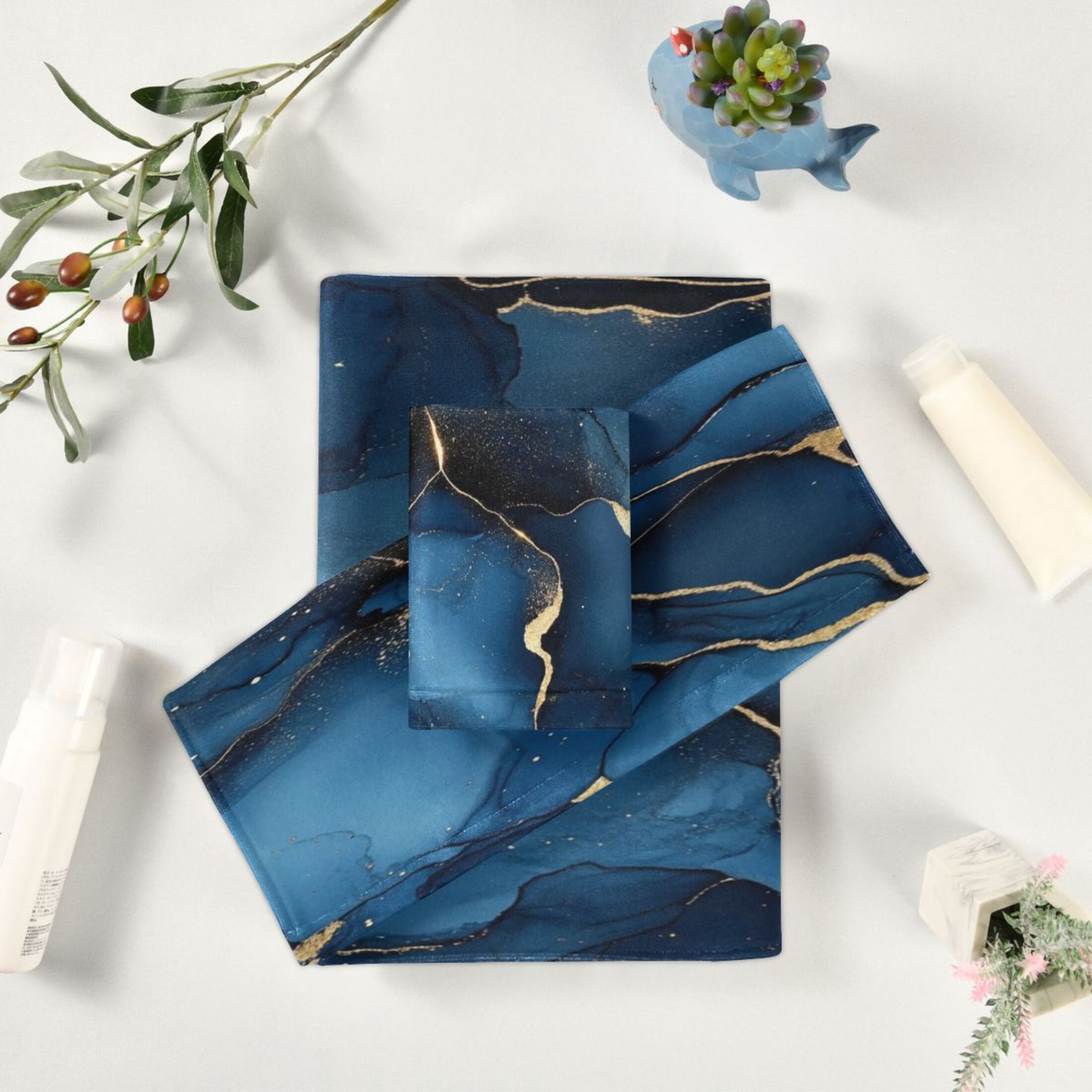 WOBOGO Navy Blue Gilt Marbles Ultra Soft 3 Pack Cotton Towel Set Includes 60 x 30in Bath Towel 28 x 16in Face Towel and 13 x 13in Small Square Towel for Everyday Use Lightweight and Compact