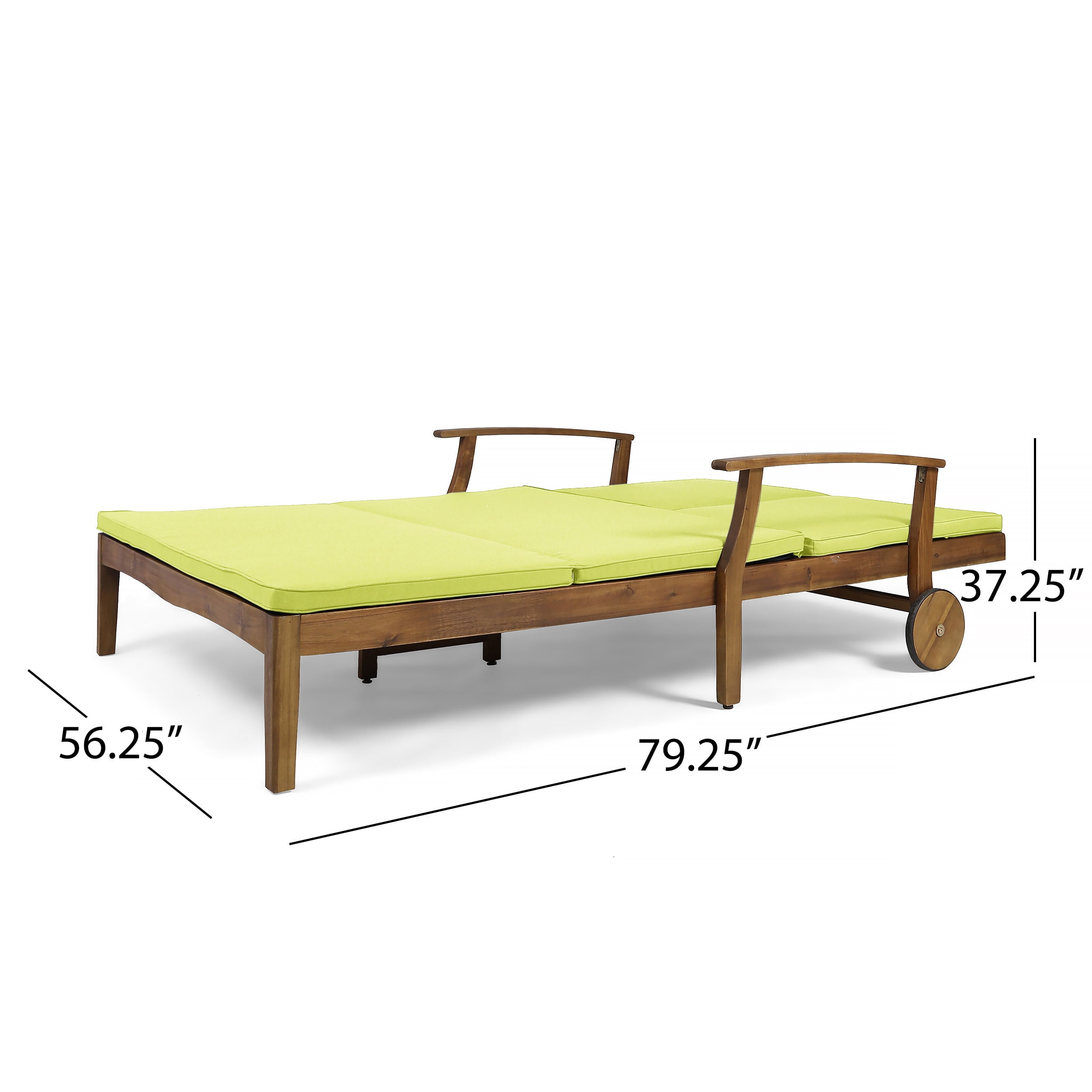 Outdoor Double Person Chaise Lounge, Dual Seat Recliner Chair for Patio Garden, Teak and Green