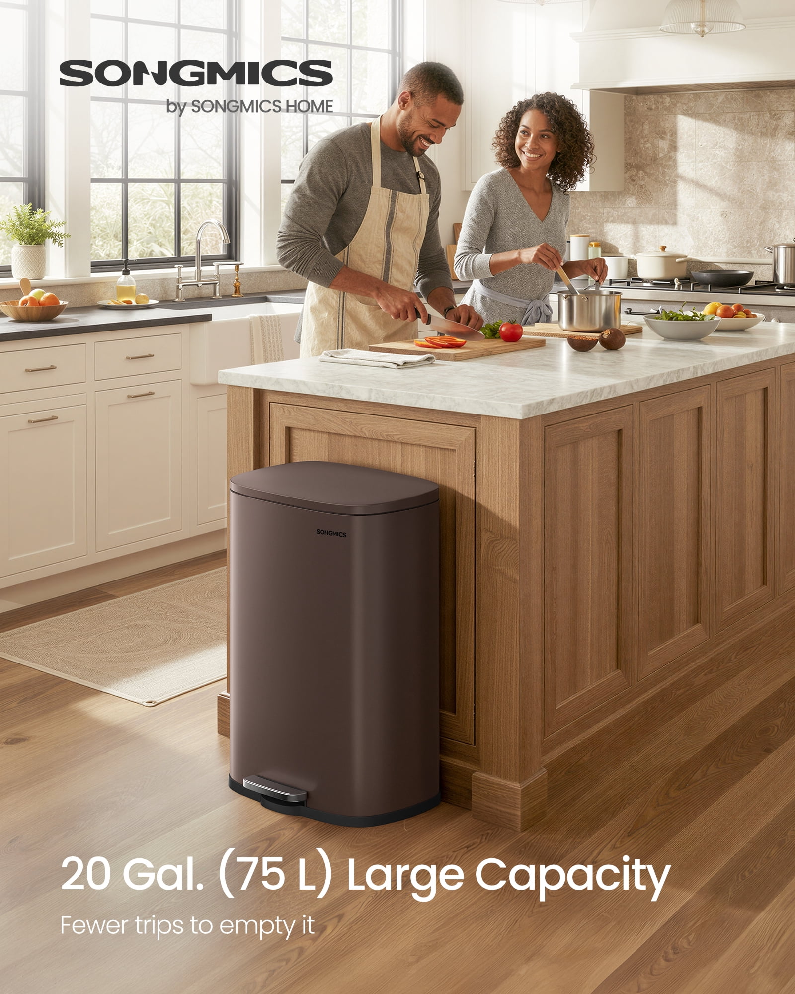 SONGMICS 20-Gallon (75 L) Trash Can, Stainless Steel Kitchen Garbage Can, Soft Close, Step-On Pedal, Removable Inner Bucket, Brown