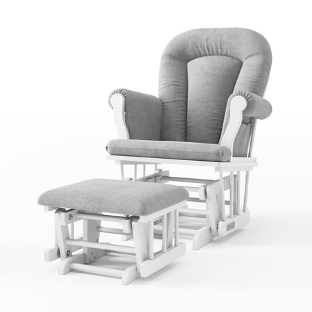 Child Craft Cozy Glider Rocker with Ottoman, Smooth Motion, Matte White Frame, Light Gray Cushion