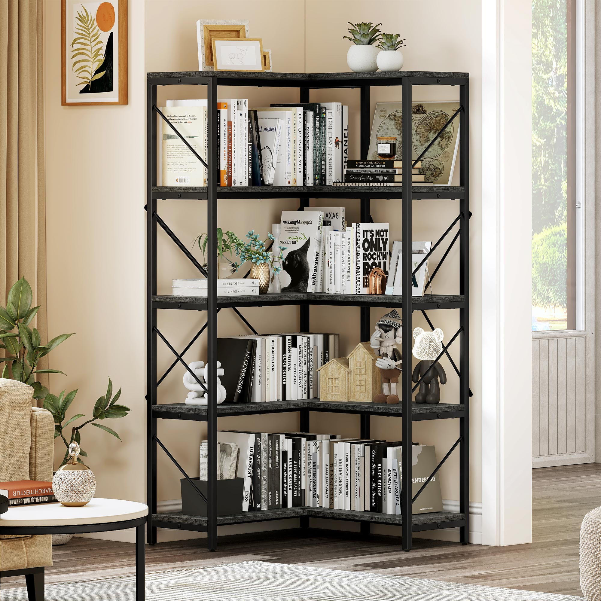 5-Tier L-Shaped Bookcase Storage Organizer, Tall Corner Bookshelf Open Display Freestanding Storage,Dark Gray