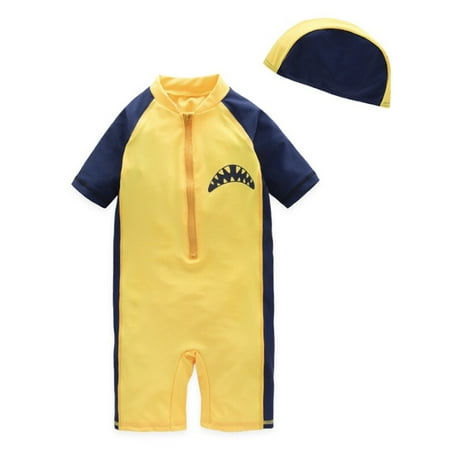 

Kid Boys Chic Animals Printed Yellow Shark One-Piece Rash Guard with Sun Hat 2pcs Swimsuit Pool Swimwear Beach Bathing Suit(2T)