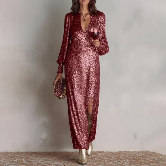 Xdegoge Sequin Dress for Women Relaxed Fit Long Balloon Sleeve Deep V Neck Sparkly Dress Metallic Shiny Flowy Evening Dresses Party Wedding Guest Wear