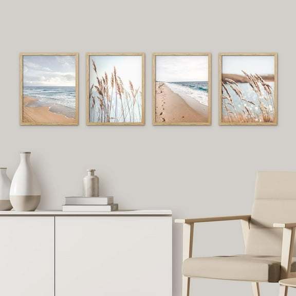 PixonSign Framed Wall Art, Ocean Sea Wave Horizon Posters, Set of 4 White Beach Grass Cloudy Landscape Prints, Colorful Wall Decor, Nature Wilderness Modern Wall Décor for Home - 8"x10" Natural