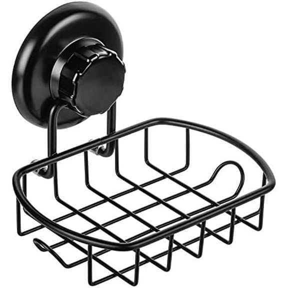 Suction Soap Dish with Hooks - Super Powerful Vacuum Suction Cup Shower Soap Holder - Rustproof Stainless Steel SS304 Soap Basket - Sponge Holder for Bathroom & Kitchen (Black)
