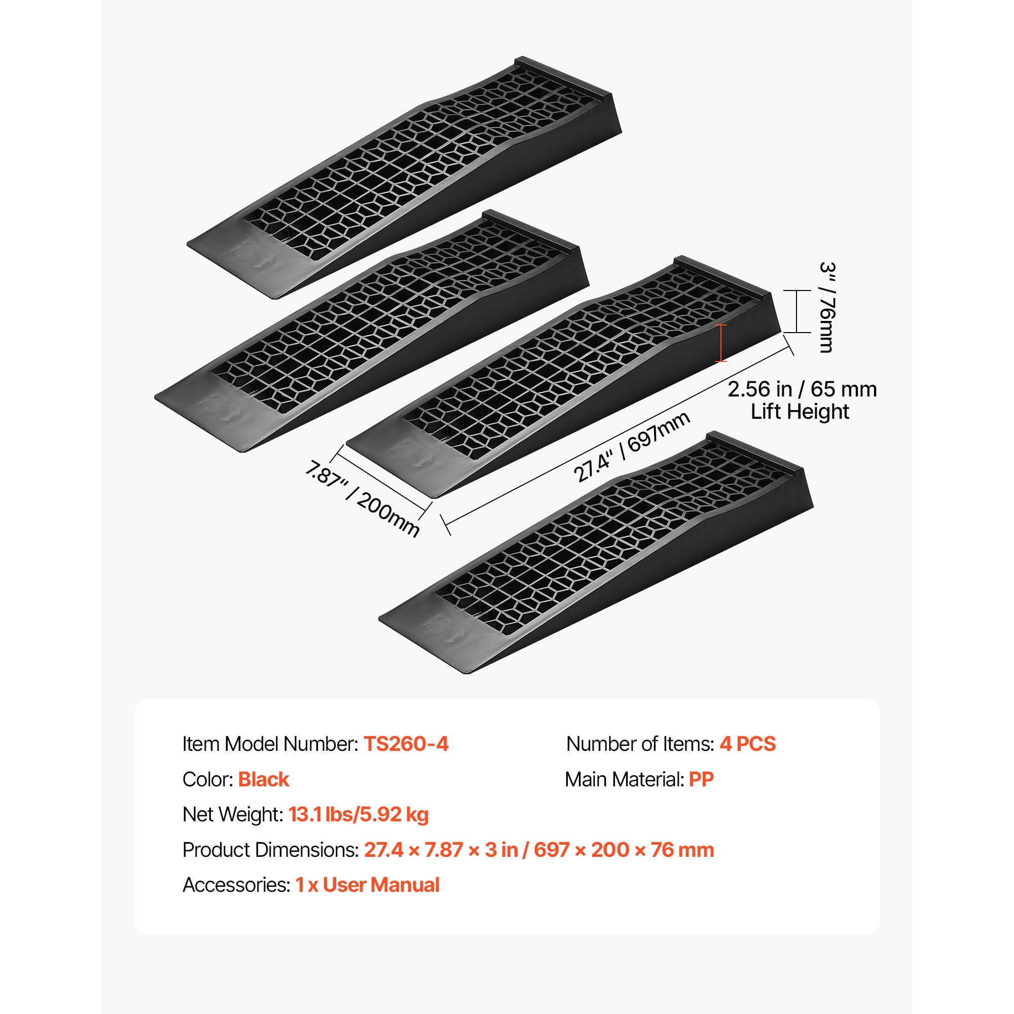 KFFKFF Set of 4 Car Ramps, 20,000 lbs Load Capacity, 2.56-inch Lift Height, Portable Low-Profile Ramps for Garage Maintenance and Oil Changes, Durable Design for Low Chassis Vehicles and Jack Support