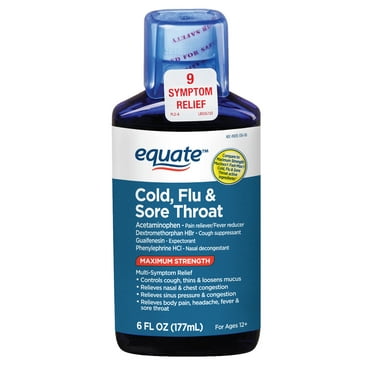 Equate Maximum Strength Cold, Flu & Sore Throat Multi-Symptom Relief Liquid, 6 fl oz