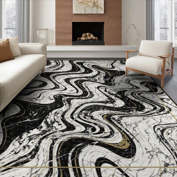 ODIKA 8'x10' Washable Area Rug Non-Shedding, Easy Care, Contemporary Inspired Motif Featuring Contrasting Ripple Waves for King Size Bedroom Under Bed, Master Suite