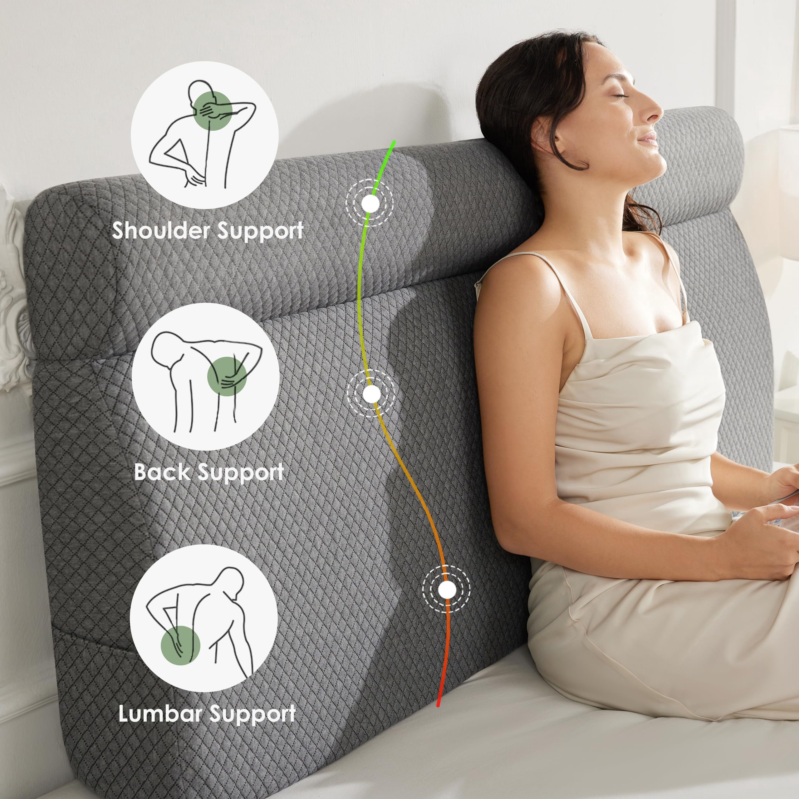 Triangle Wedge Pillow for Twin Bed Headboard, Memory Foam Back Support Cushion, Reading Nap Pillow for Dorm Daybed, Grey
