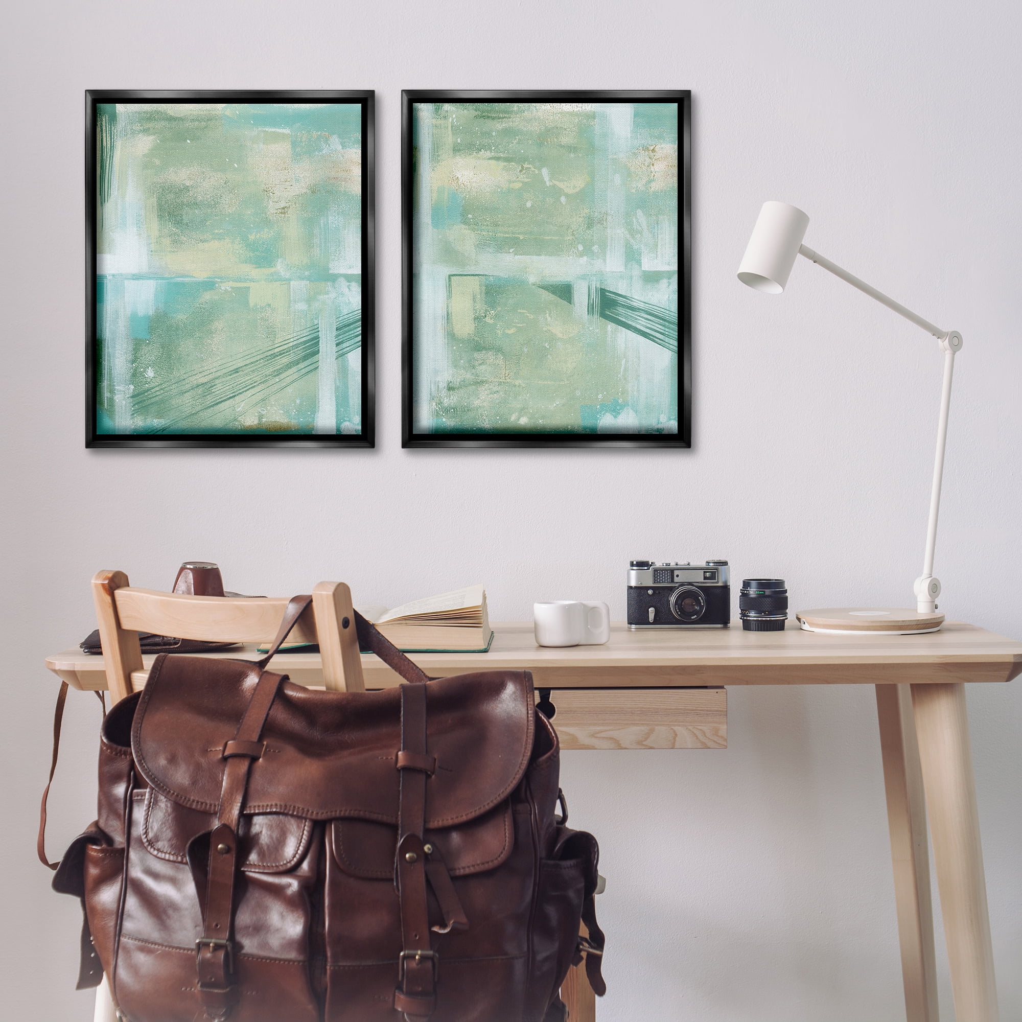 Stupell Industries Teal Abstract Bridge Cityscape Abstract Painting Black Floater Framed Canvas Art Print Wall Art, 31 x 25, Set of 2