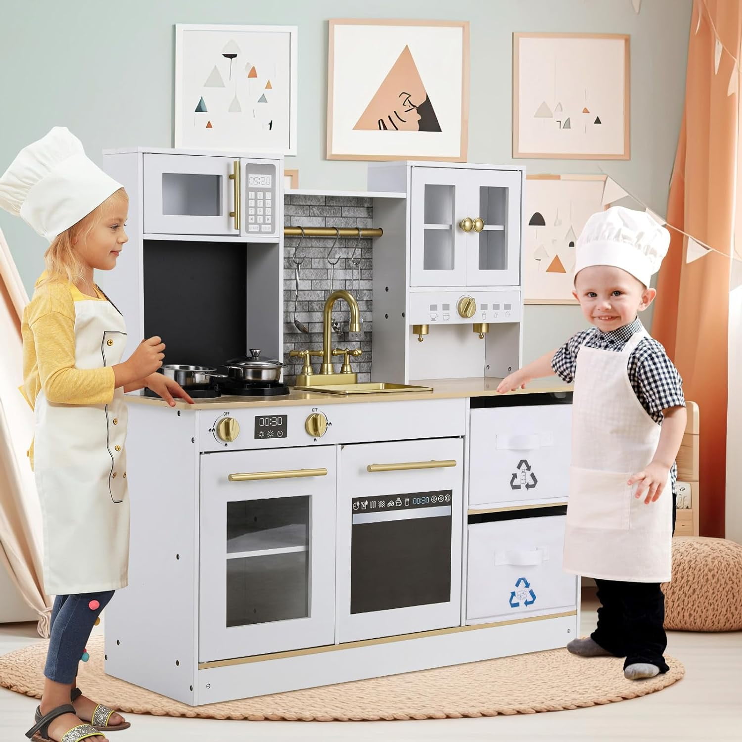Arlopu Kids Play Kitchen Set, Wooden Kitchen Cooking Playset Toddler Pretend Play Toy with Stove, Sink, Oven, 2 Fabric Storage Boxes