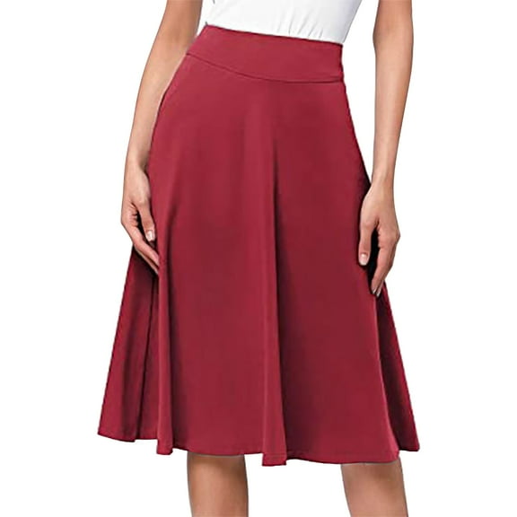 Jiyugala Simple Comfy Basic Solid Color Stretch A Line Flared Knee Length Skirt