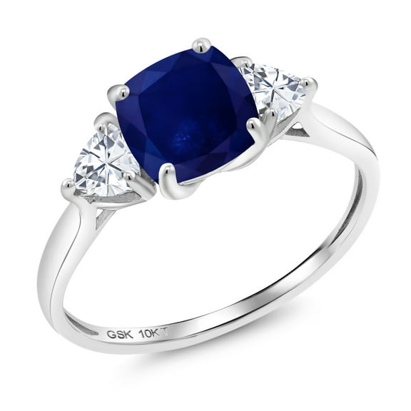 10K White Gold Blue Sapphire and White Moissanite Engagement Ring | 2.46 Cttw | 7MM Cushion and 4MM Trillion | Three Stone Wedding Engagement Anniversary Promise Ring for Women (Size 6)