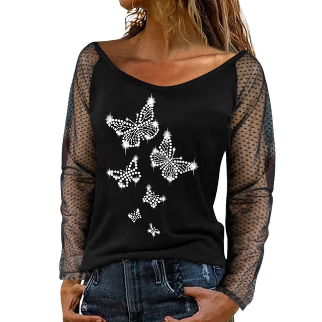 TSADFHJI Hauts d'Été pour Femmes Tendance Léger Chandail Aguichant Manches Longues Design en Filet Rhinestine Col Rond Automne Hiver Décontracté Chemise à Bretelles pour Fête m Argent