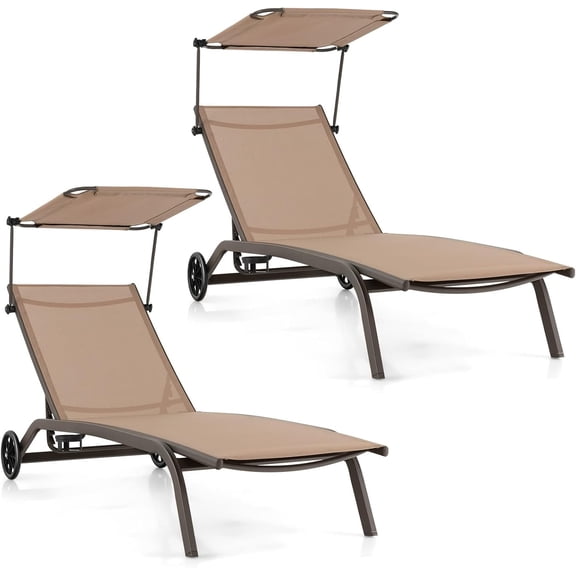 PetFurnishn 2 Pack Chaise Lounge with Wheels & Adjustable Canopy Shade, Outdoor Mobile Tanning Chair with Cup Holder, Recliner Chair for Patio Poolside Lawn Beach