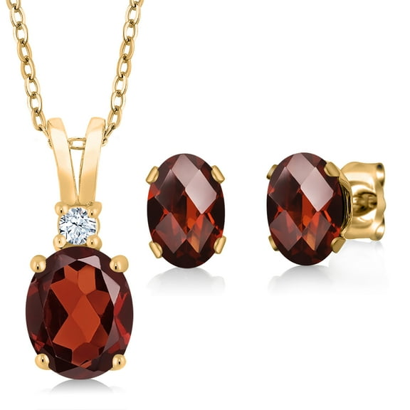 Gem Stone King 3.29 Cttw Oval Red Garnet 18K Yellow Gold Plated Silver Pendant Earrings Set for Women | Gemstone Birthstone | Oval 8X6MM and 7X5MM | With 18 inch Chain