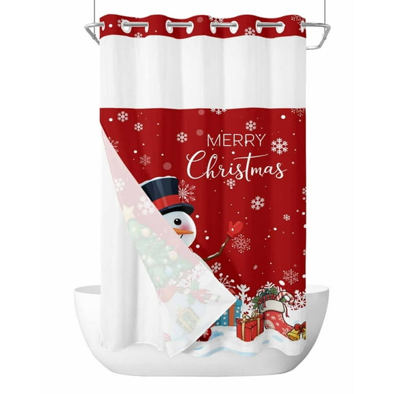 No Hook Shower Curtain with Snap in Liner,Christmas Tree Happy Snowman Waterproof Bath Curtain Double Layers with See Through Top Window, Snowflakes Balls Bell Hotel Shower Curtains 36x72in