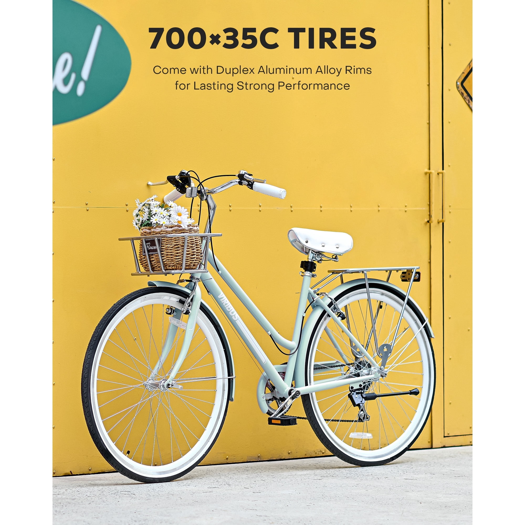 Hybrid Bike, 700c City Commute Cruiser Bike with 7 Speed Drivetrain 28" Wheel Step Through Frame Front Basket Rear Cargo Rack Dual V Brakes,Mint