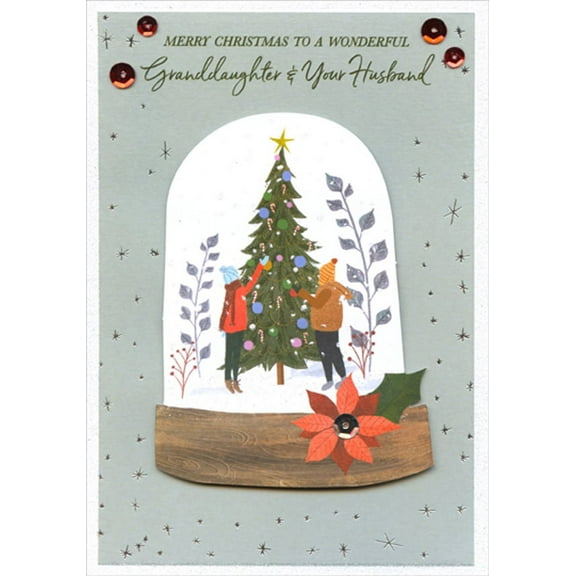 Designer Greetings Couple Decorating Tree : 3D Tip On Snow Globe : Sequins Keepsake Hand Decorated Granddaughter and Husband Christmas Card