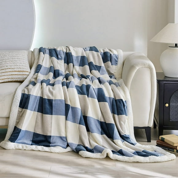 Gracelife Sherpa Throw Blanket 80”x90”, Plaid Warm Cozy Throw Blankets for Sofa, Couch, Bed, Reversible Throws Fluffy Plush Flannel Fleece Blankets and Throws for Adults Women Men, Gray-Soft Blue