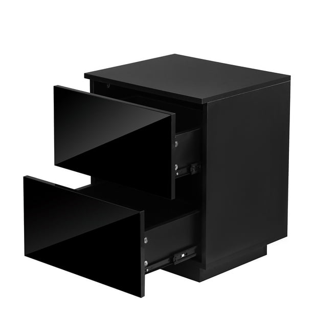 High Gloss Black End Table Nightstand with 2 Drawers Storage & Control
