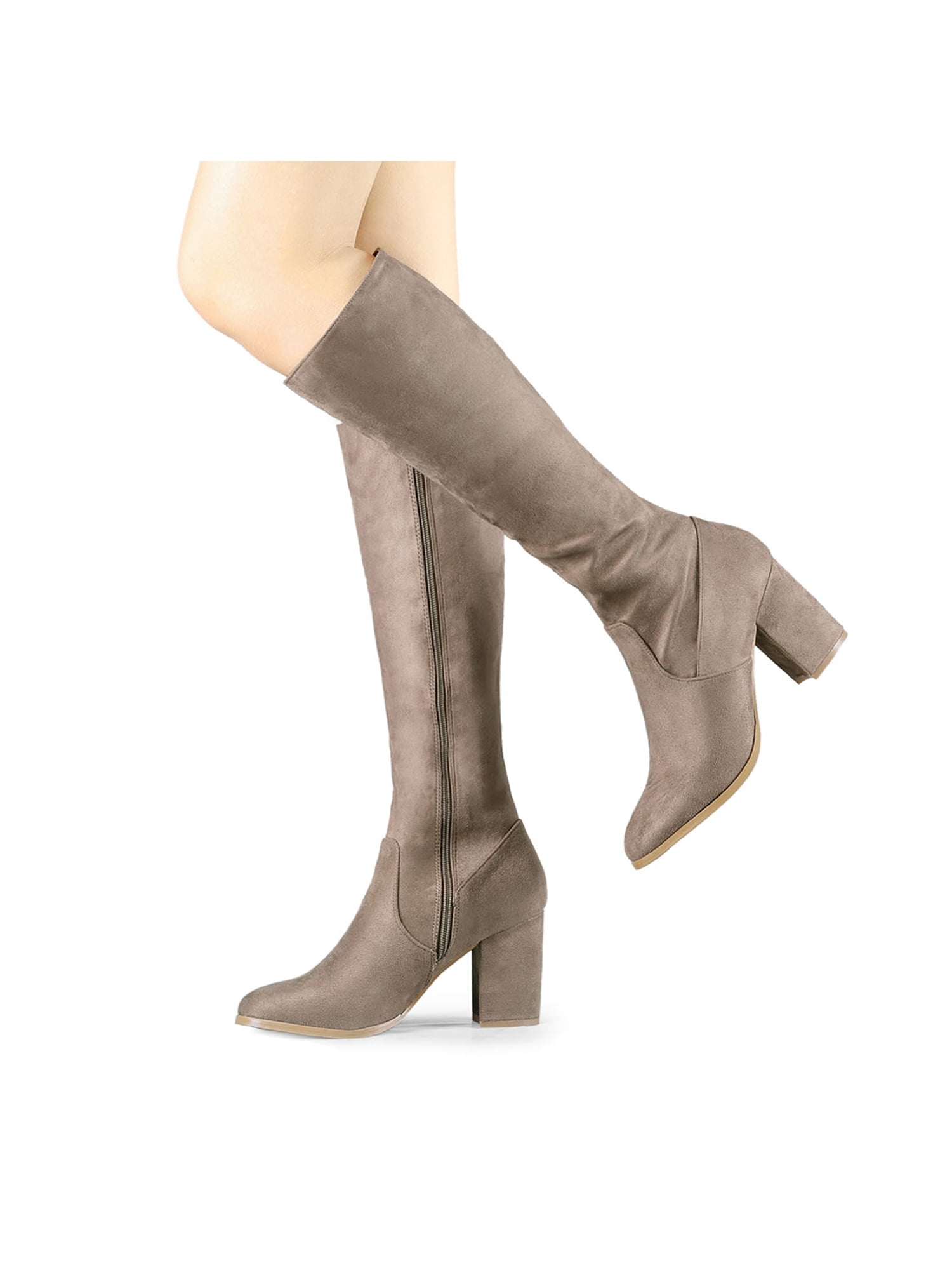 DARING DIVA Women's Stylish Side Zipper Chunky Heel Knee High Boots Taupe 8.5
