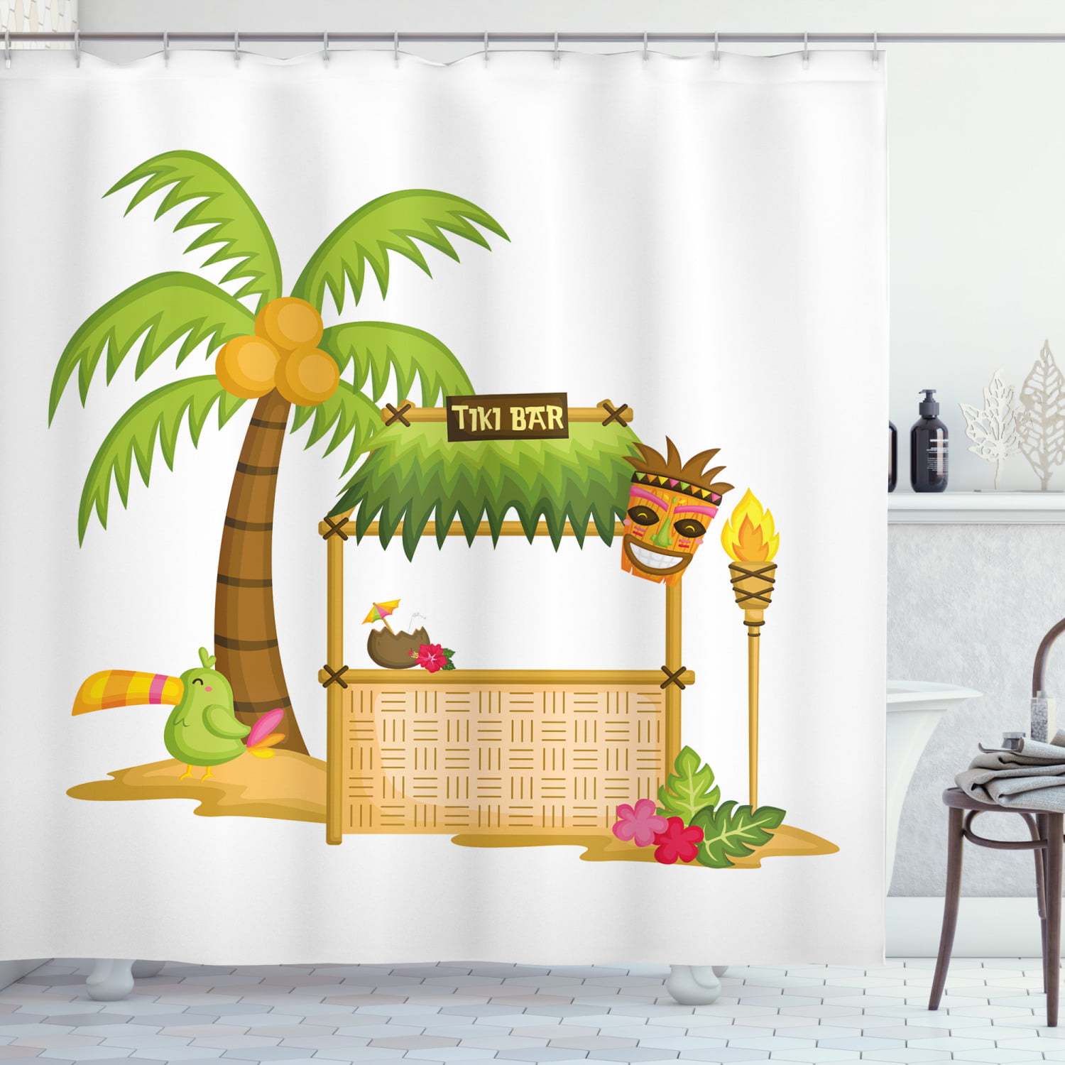 Waterproof Fabric Shower Curtain Set Luau Party Tiki Bar Sand Beach Palm Tree 