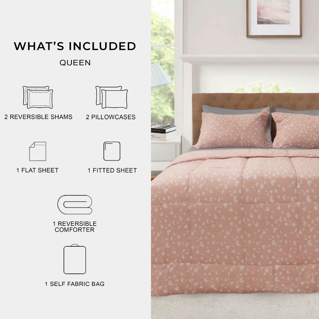 Mainstays All in One Reversible Comforter and Sheet set- 7 Piece, Queen, Pink and White Heart