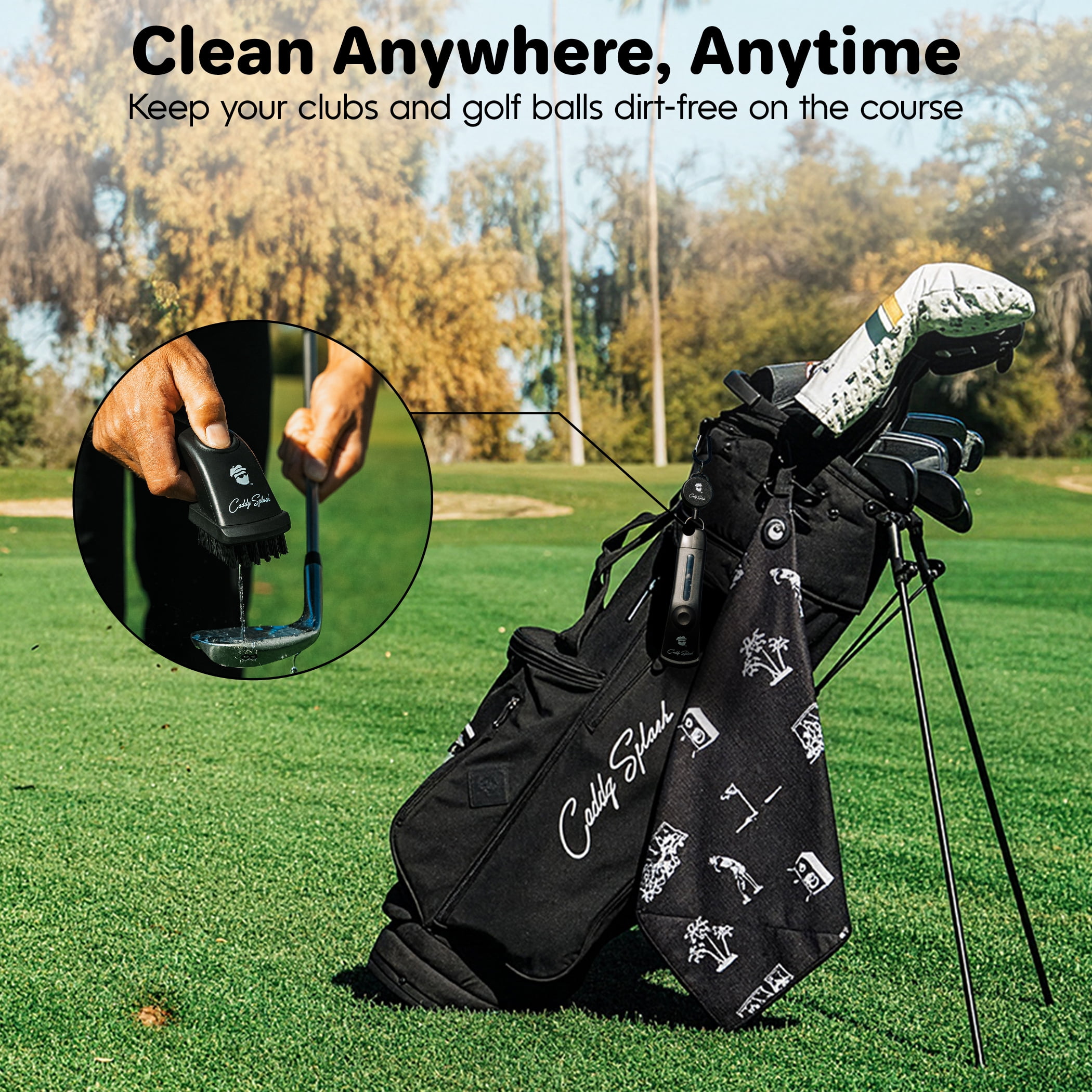 Caddy Splash Golf Club Brush Pro with Water- Heavy Duty Retractable Clip- Push Button for Easy Cleaning- Nylon Bristles- Holds 4 Oz- Golf Accessories for Men- Best Golf Gift - USA Company (Black)