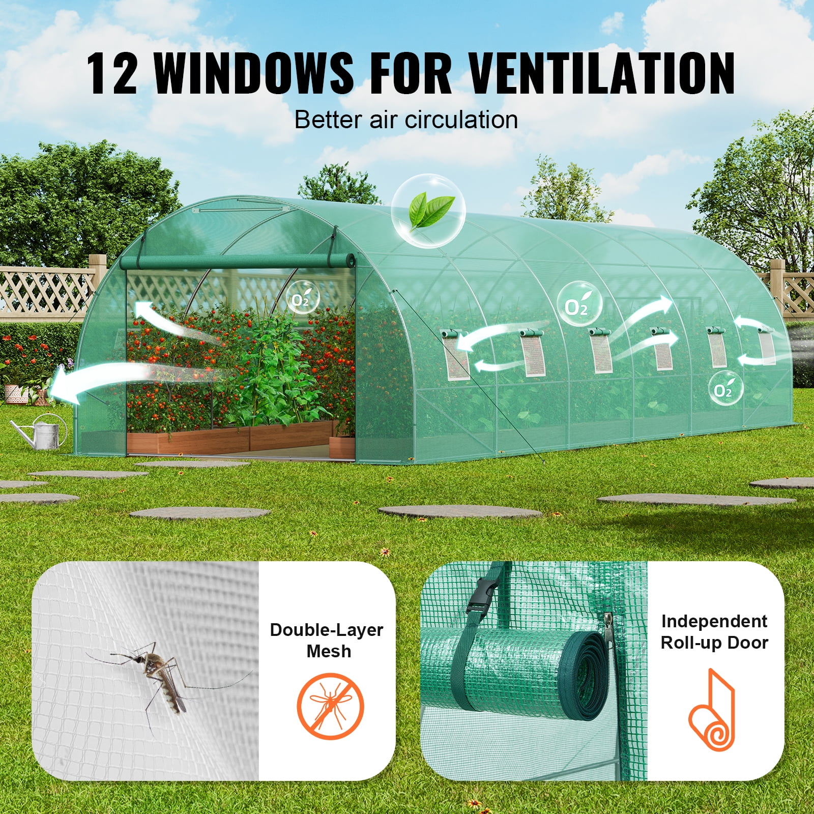 KFFKFF Tunnel Greenhouse, 29.2x9.7x6.5 ft, with Sturdy Galvanized Steel Frame and Green PE Cover, Features Roll-up Zipper Door and 12 Windows, Ideal for Extended Plant Growing Seasons