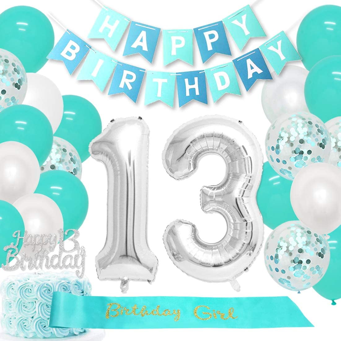 13th Birthday Decorations for Girls Teal with Happy 13 Birthday Cake Topper Number 13 Balloons Birthday Girl Sash Happy 13th Birthday Supplies