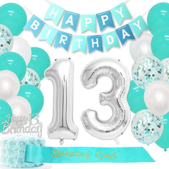 Décorations de 13e Anniversaire pour Filles Sarcelle avec Dessus de Gâteau Joyeux 13 Anniversaire Ballons Numéro 13 Ceinture de Fille d'Anniversaire Joyeux 13e Anniversaire Fournitures