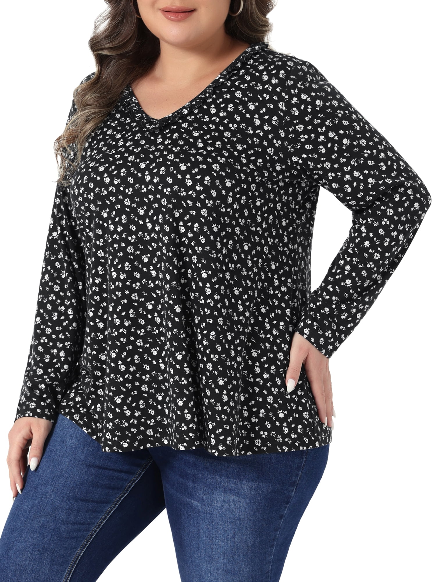 DARING DIVA Women's Plus Floral V Neck Long Sleeve Ruffle Blouses 3X Black White
