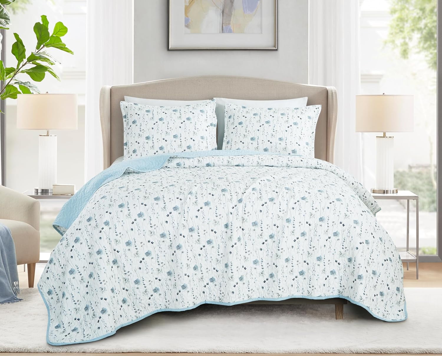 Chezmoi Collection Fran 3-Piece Floral Quilt Set Queen, Blue White Poppy Floral Printed Microfiber Lightweight Bedspread Set for All season