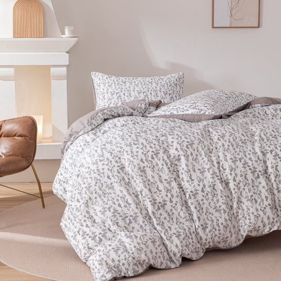 Queen Comforter Set Cottagecore Black and White Textured Seersucker Bed Set 3 Pieces Cute Floral Bedding, 1 Soft Boho Flowers Comforter and 2 Pillowcases