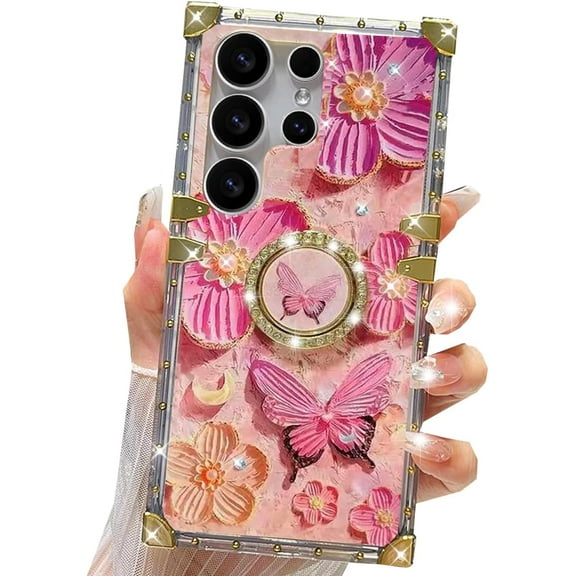 for Samsung Galaxy S25 Ultra Glitter Floral Case, Cute Colorful Retro Oil Painting Printed Flowers Butterfly Bling Sparkly Ring Kickstand Shockproof Women Girls Case for Galaxy S25 Ultra,Pink