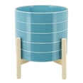 thumbnail image 1 of 6 Inch Ceramic Planter, Round, Stripes, Wood Stand, Light Blue, 1 of 1