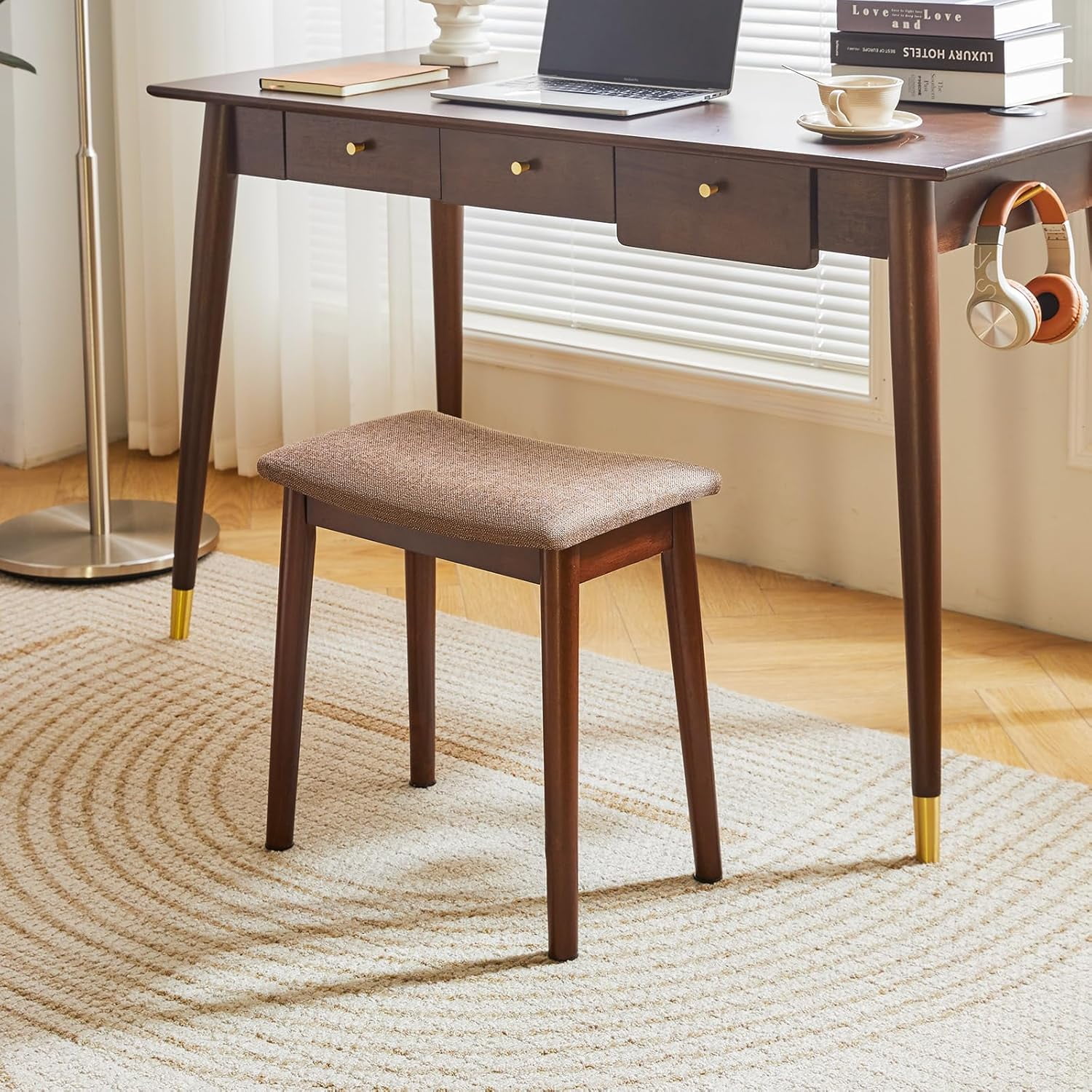 Vanity Stool with Saddle Cushion,Modern Foot Stool Ottoman Piano Bench,Foot Rest Stool with Solid Wood Legs, Small Upholstered Bench for Bedroom, Entryway,Beige
