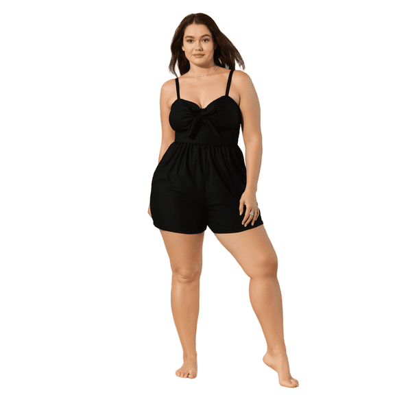 Women's Plus Size Black Bow-Front Sleeveless Swim Romper with Adjustable Straps, High Waist Tummy Control One-Piece Bathing Suit with Attached Shorts for Beach Pool Vacation